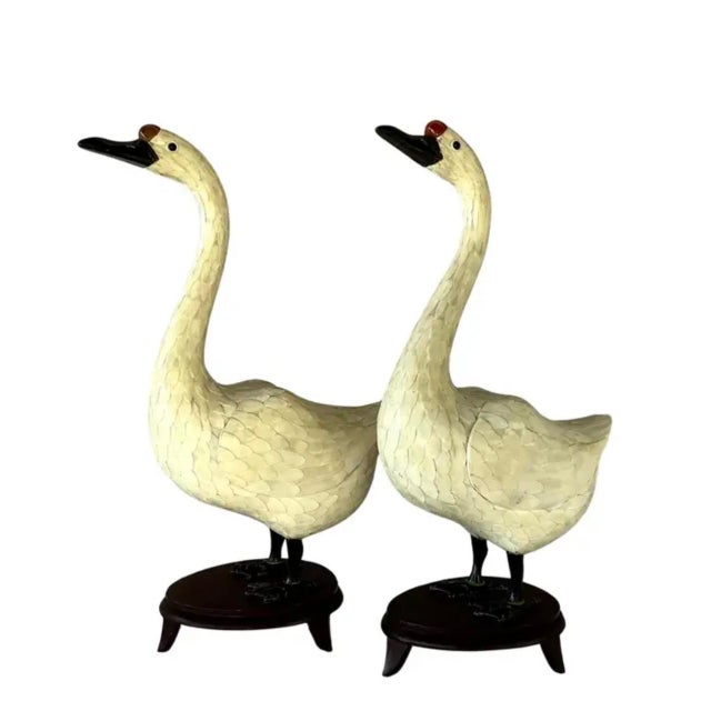 Chinese Hand-Cut Tessellated Bone Veneered Geese, a Pair For Sale - Image 4 of 16