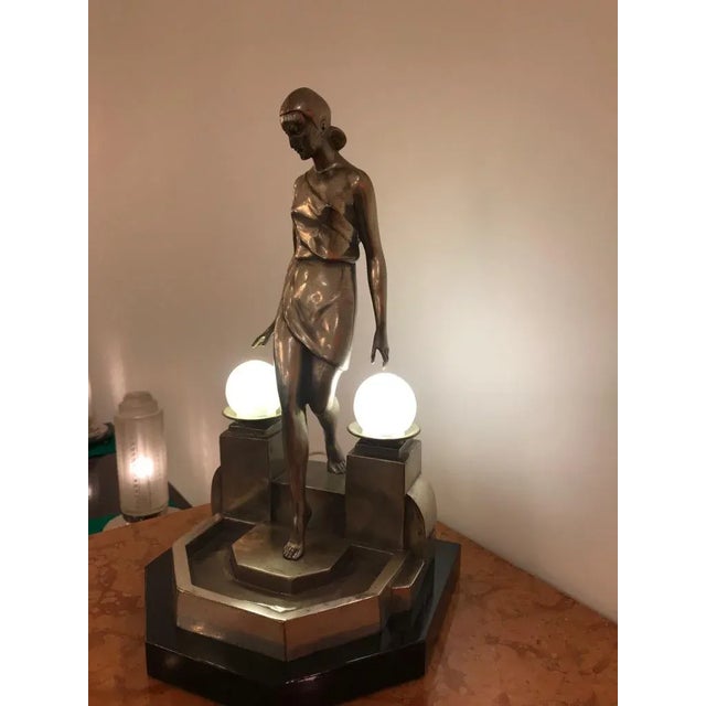 Metal Art Deco Female Bronze Table Lamp Signed by Fayral For Sale - Image 7 of 11