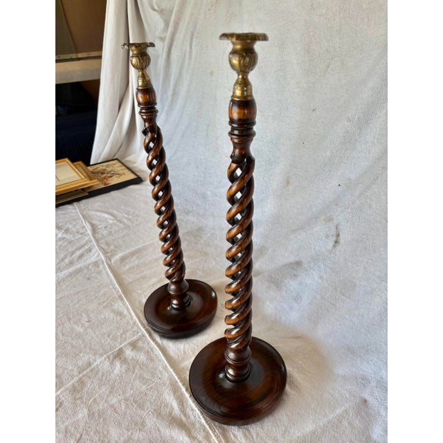 19th Century English Oak Open Barley Twist Candlesticks - A Pair For Sale - Image 4 of 12