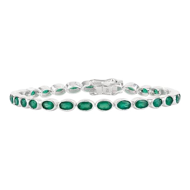 925 Sterling Silver 8.2 Carat Green Onyx Bezel Set Tennis Bracelet For Sale