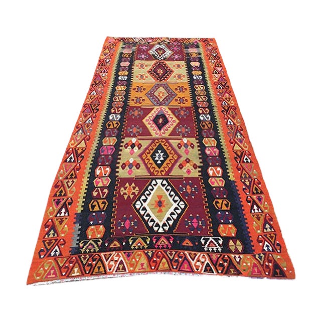 Vintage Turkish Kilim Shabby Wool Rug 256x116 cm For Sale