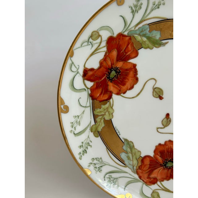 Beautiful antique Haviland France porcelain plate, hand-painted with vivid scarlet poppies, delicate green foliage and...