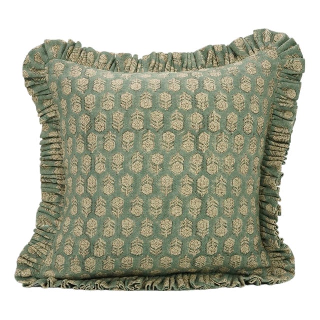 Fabdivine Handcrafted Block Print Frill Cushion Cover Green 18x18 Inch Thick Linen- Tulsi Buti For Sale