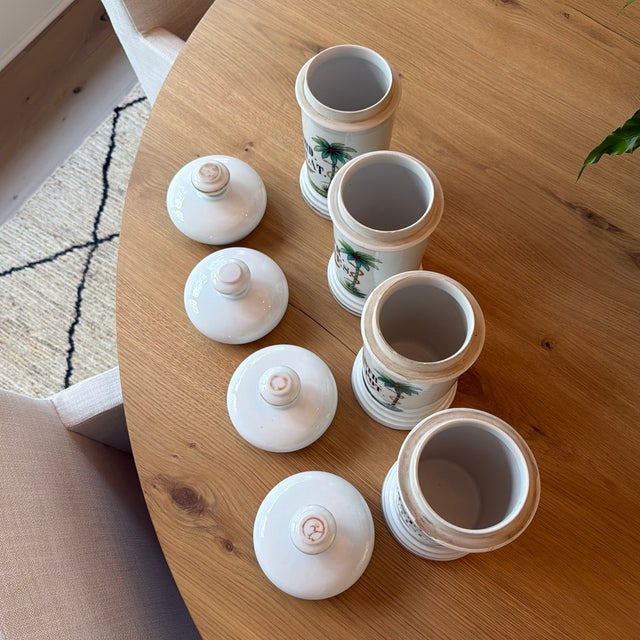 Ceramic Set of 4 Antique Porcelain Apothecary Jars With Hand Painted Palm Tree and Serpent Decoration For Sale - Image 7 of 12