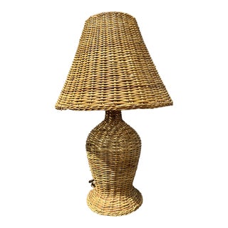 Mid 20th Century Wicker Table Lamp With Wicker Shade For Sale