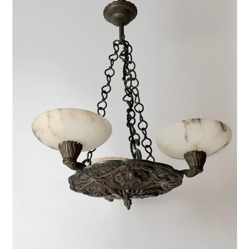 Antique Renaissance Revival Bronze and Alabaster Chandelier with Serpent Details, 1900 For Sale - Image 14 of 18