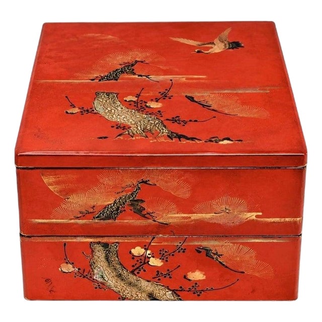 Japanese Antique Red Lacquered Snack Keepsake Box Hand Painted 2-Tier For Sale