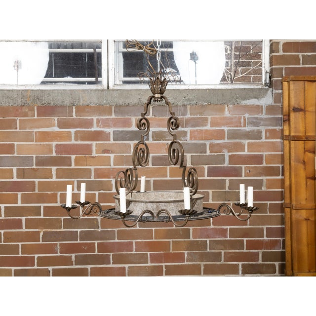1920s French Art Deco Iron Chandelier Eight Light Chandelier with Scrolling Arms For Sale - Image 9 of 12