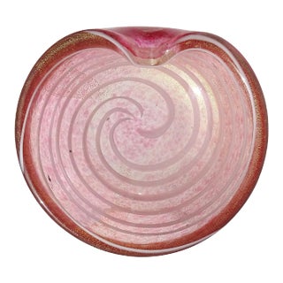 Vintage Barbini Murano Pink White Swirl Gold Flecks Italian Art Glass Decorative Ring Bowl Vide Poche For Sale