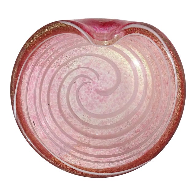 Vintage Barbini Murano Pink White Swirl Gold Flecks Italian Art Glass Decorative Ring Bowl Vide Poche For Sale