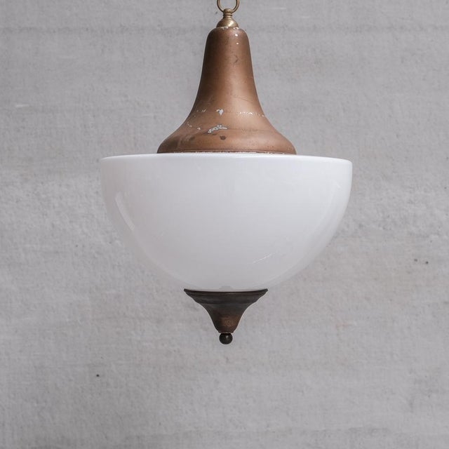 Large Mid-Century French Metal and Opaline Glass Pendant Light, 1950s For Sale - Image 4 of 10