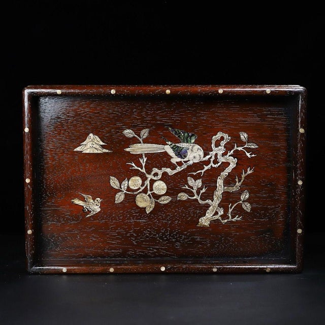 Wooden Tea Tray With Mother-of-Pearl Bird and Landscape Inlay For Sale - Image 4 of 9