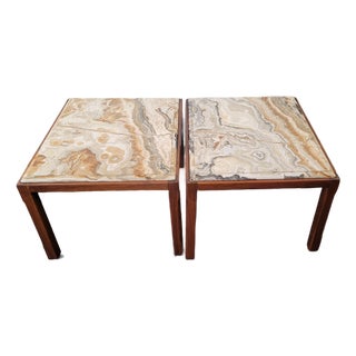 1960s Mid Century Modern Baker Coffee Tables End Tables Pair Onyx Walnut Wood For Sale
