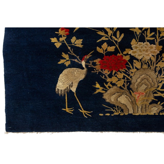 4 X 7 Pictorial Handmade Chinese Art Deco Wool Rug in Navy Blue For Sale In New York - Image 6 of 9