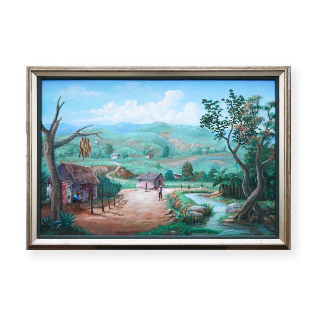 Late 20th Century Jean-Felix Defournoy Modern Realist Green & Brown Toned Rural Village Landscape Painting w/ Figures, Late 20th Century For Sale - Image 5 of 12
