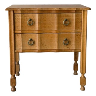 Solid Oak Small Two-Drawer Dresser With Sculpted Fronts and Turned Legs Traditional Vintage 1970s For Sale