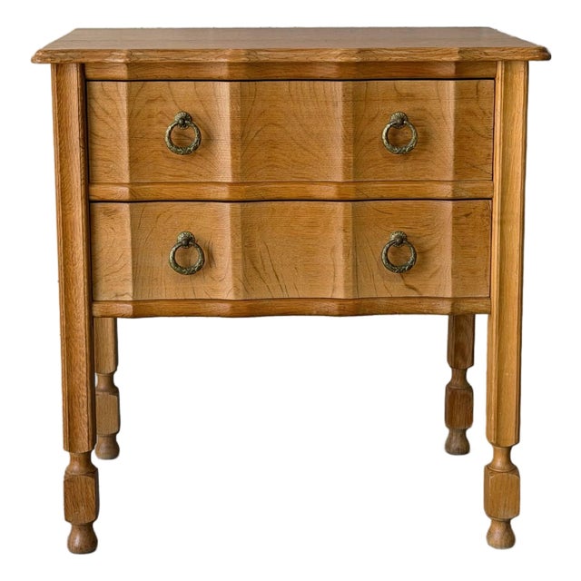 Solid Oak Small Two-Drawer Dresser With Sculpted Fronts and Turned Legs Traditional Vintage 1970s For Sale