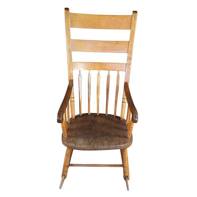 Victorian Antique American Maple Farmhouse Windsor Slat Back Ladderback Rocking Chair For Sale - Image 3 of 11
