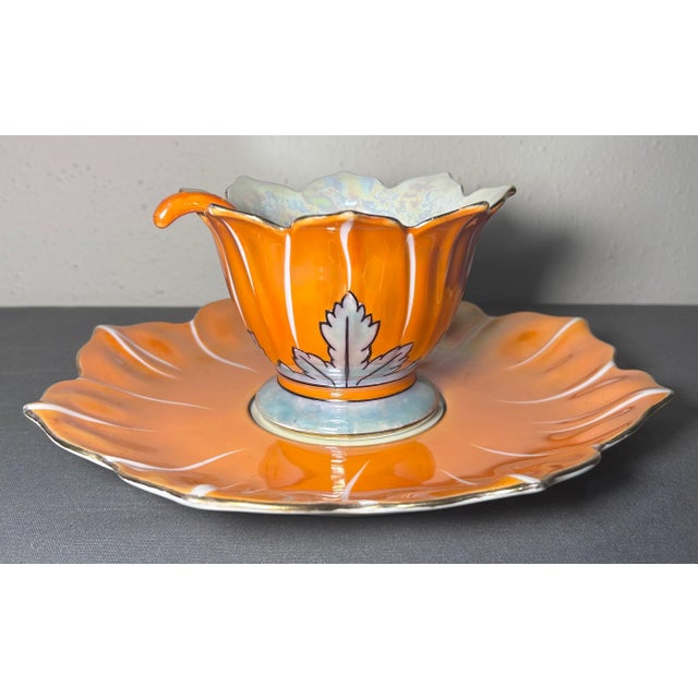 1920’s Japanese Art Deco Noritake Morimura Bros. Lustreware Porcelain Lotus Form Leaf Motifs Condiment Bowl Three-Piece Set With Ladle & Underplate For Sale - Image 4 of 10