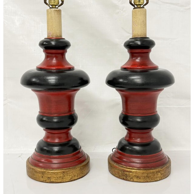 1960s Red Black & Gilt Ceramic Table Lamps, American Modern - a Pair For Sale - Image 9 of 18