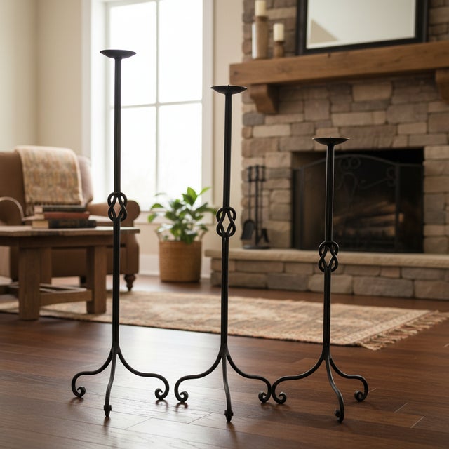 Rustic Hand Forged Iron Candelabra Set of 3 (78-98cm) Antique Copper Double Stem with Hercules Knot Detail For Sale - Image 3 of 9