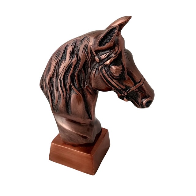 Antique Copper Finish Metal Horse Bust Sculpture For Sale - Image 6 of 10