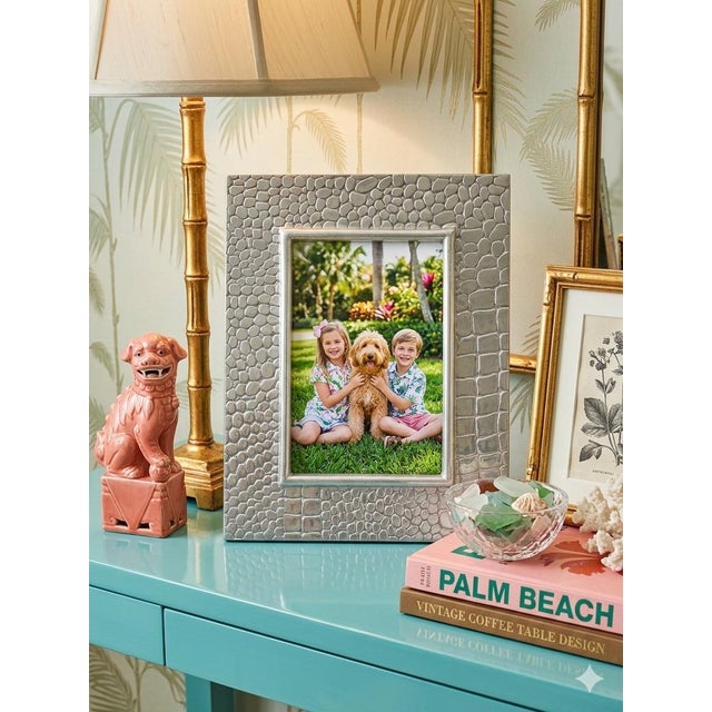 English Ralph Lauren Attributed Crocodile Embossed Metal Frame, 7x9” (Holds 4x6”) - Great for Palm Beach Regency, Safari & British Colonial - See Pics! For Sale - Image 3 of 7