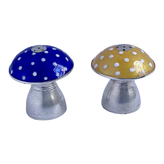 1960s Sterling Silver and Polka-Dot Enamel Mushroom Shaped Shakers- A Pair For Sale