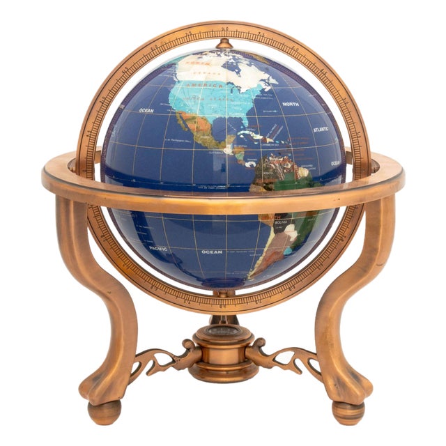 Modern Semi-Precious Stone Inlaid Revolving Globe on Copper Stand For Sale