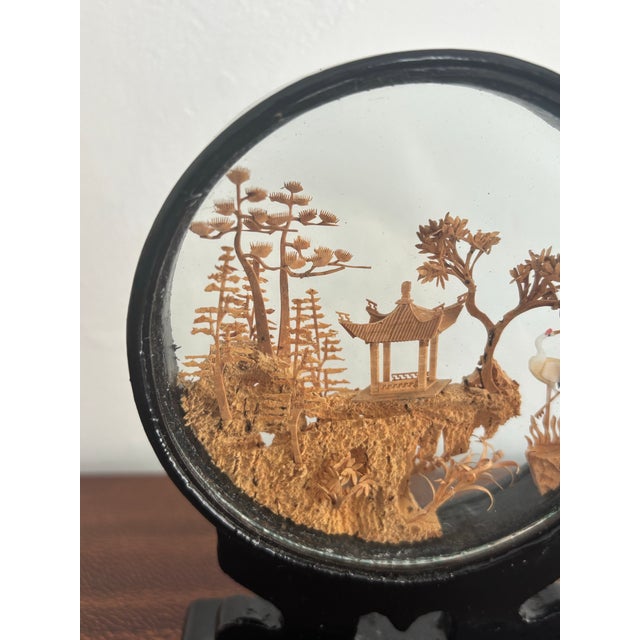 Small one-of-a-kind mid century Chinese cork diorama in a black lacquer shadow box. The intricate Asian scene is complete...