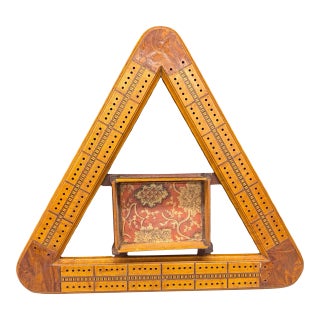 Antique Inlaid Triangular Cribbage Board With Integrated Card Holder For Sale
