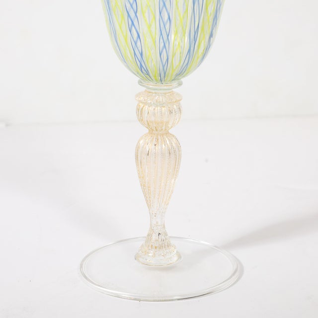 Set of 8 Hand-Blown Murano Latticino Blue & Chartreuse Wine Glasses W/ 24k Gold For Sale - Image 10 of 18