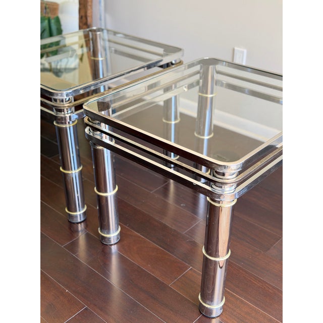 Chrome 1960s-1970s Romeo Rega Pair of Vintage MCM Chrome & Brass Glass Side Tables For Sale - Image 8 of 12