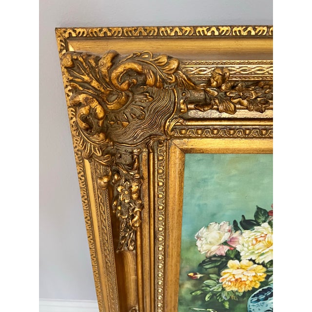 French Country Mid Century Floral Oil Painting in Gold Ornate Frame For Sale - Image 3 of 9