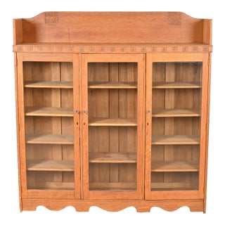 Antique Victorian Carved Oak Glass Front Triple Bookcase, Circa 1900 For Sale