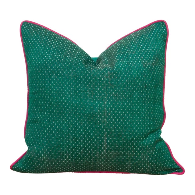 Royal Green Dotted Ahir Handloom Pillow For Sale