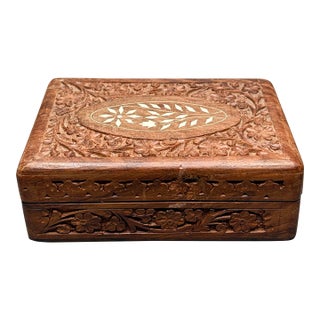 Vintage Indian Sheesham Wood Hand Carved Floral Bone Inlay Jewelry Keepsake Box 1970s For Sale