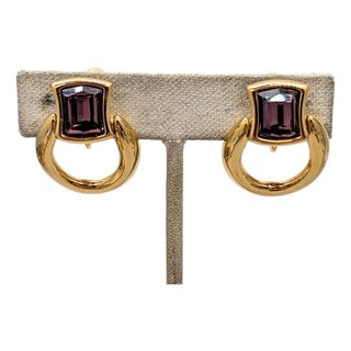 Vintage Signed Napier Goldtone Faux-Amethyst Hoop Clip Earrings-2 Pieces For Sale