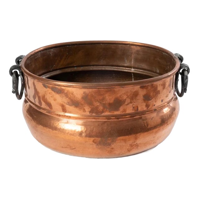 Antique Hand Wrought Copper Jardiniere With Iron Handles For Sale