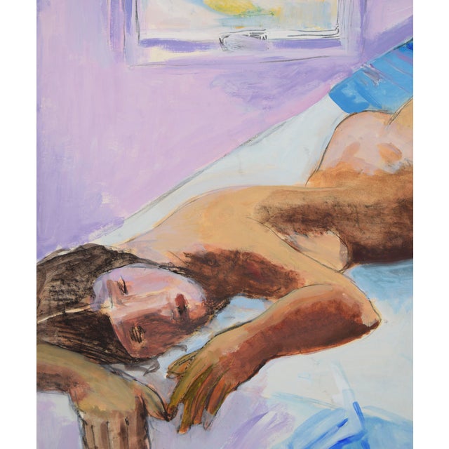 Vintage Figurative Nude Study Posed On Bed - Acrylic On Paper Original figurative nude study of a female model posed on a...