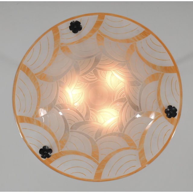 Orange Large French Art Deco Pendant Light by Le Verre Francais Schneider - 1930 Chandelier France For Sale - Image 8 of 14