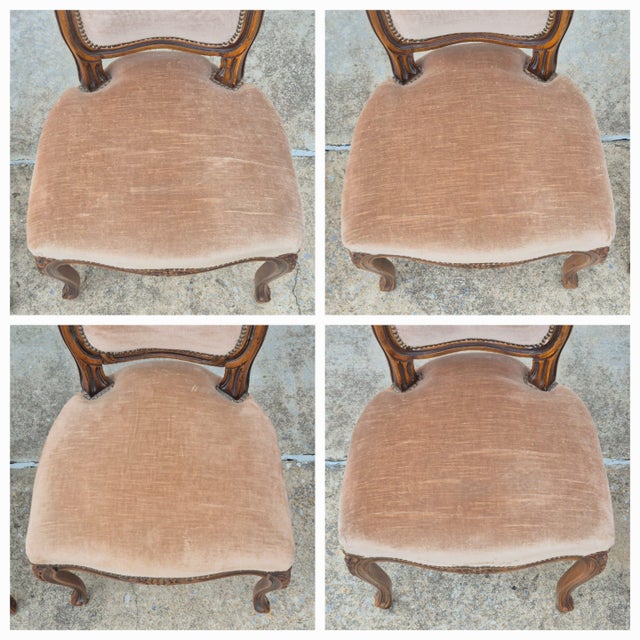 1980s Chateau d'Ax Louis XV Carved Walnut & Cocoa Velvet Dining Chairs, Assembled Set of 4 For Sale - Image 10 of 15