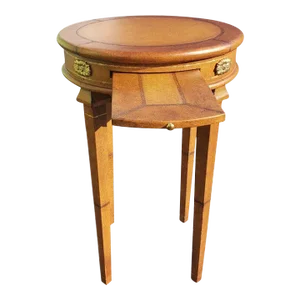 All Leather Wrapped and Brass Mounted Gueridon Side Table With Pull Out Tray