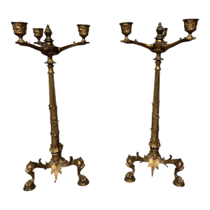 Pair of Antique Gilt Painted Cast Metal 3 Light Candelabra Candlesticks Figural Feet