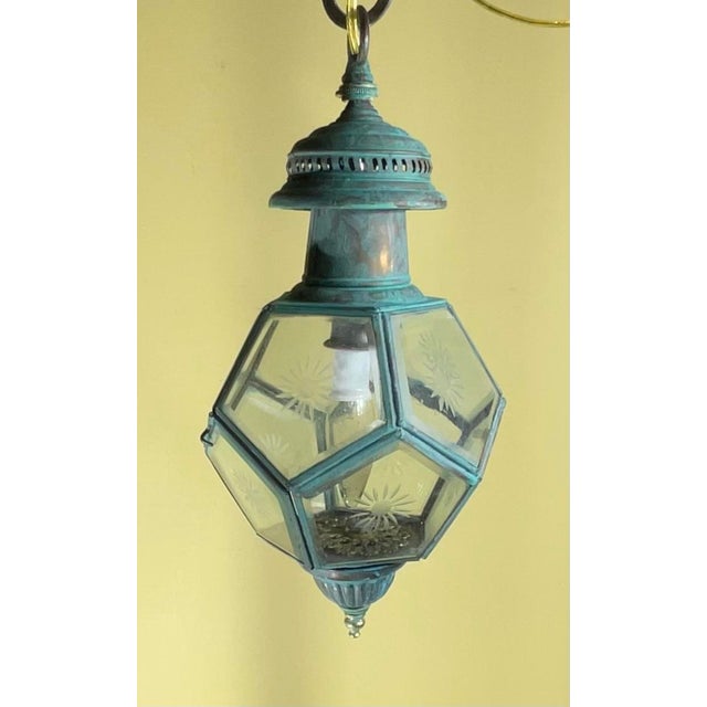 Antique English Solid Brass & Glass Starburst Hanging Lantern - Pendant For Sale - Image 4 of 14