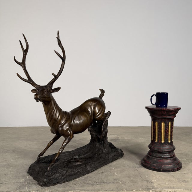 Large Bronze Stag Sculpture – Leaping Deer on Log Base, 36” H Wildlife Art For Sale - Image 13 of 13