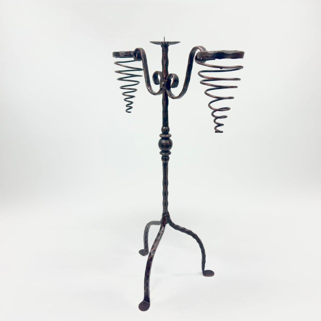Rustic Hand Forged Iron Candelabra 26.5″ (67cm) Sculptural Spiral Single Candle Stand Antique Finish For Sale - Image 3 of 11