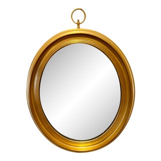 Vintage Oval Italian Giltwood Mirror With Brass Loop Finial For Sale