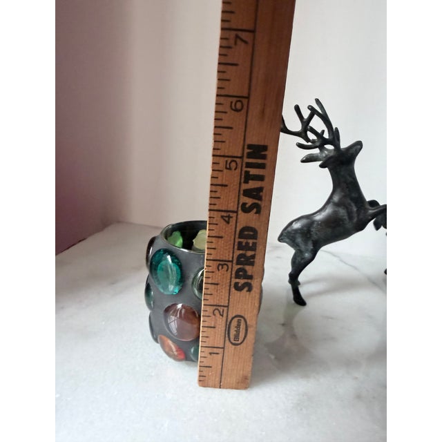 Vintage Cast Iron Reindeer Candle Holder With a Multi-Colored Glass Pillar For Sale - Image 9 of 14