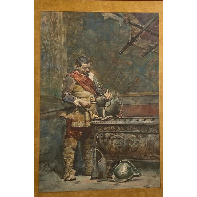 A 19th-century Italian watercolor of a squire tending to a set of armor. Painted in a Baroque interior. Signed lower left...